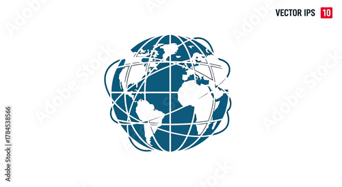 Blue globe icon with intersecting white lines, on a white background. Vector graphic