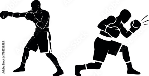 Two silhouette boxers in dynamic poses showing action and movement during a fight
