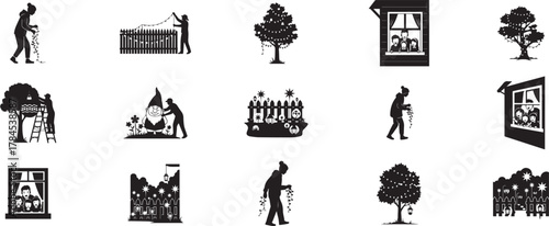 Christmas outdoor and indoor decorations silhouettes Vector