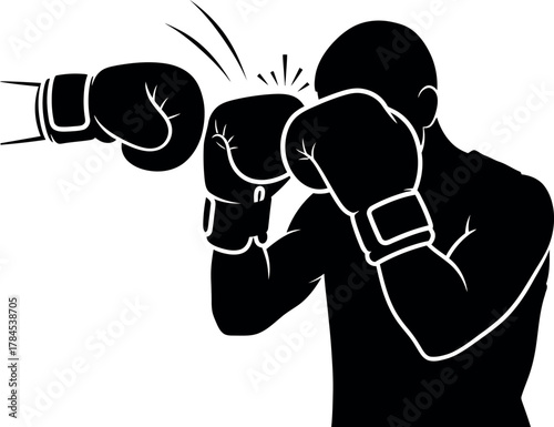 Silhouette of a boxer in a defensive stance with boxing gloves ready for a fight