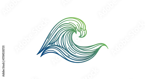 A stylized wave is depicted using green and blue line art on a white background