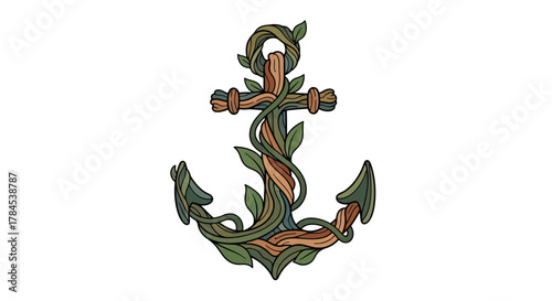 An ornate anchor graphic with leaves and vines intertwined. Features shades of brown, green on white