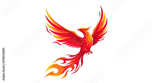 A stylized image of a phoenix, rendered in fiery hues, wings spread against a white background