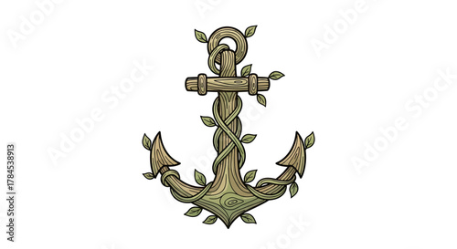 Cartoon wood anchor wrapped in vines and leaves, isolated on white background