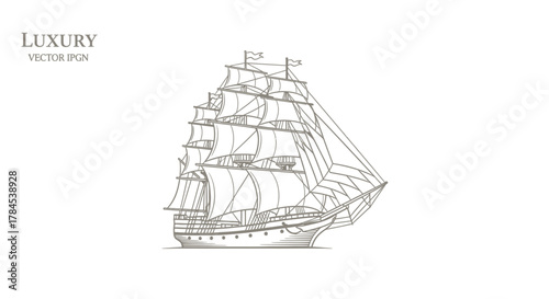Detailed sketch of a classic sailing ship, with sails, rigging, and flags. "Luxury" text