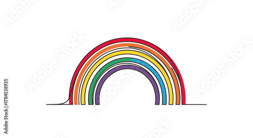 A simple, colorful, linear depiction of a rainbow arching across a plain white backdrop