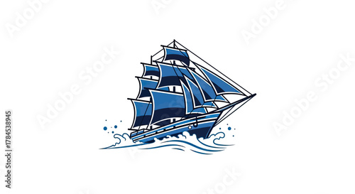 A stylized blue sailboat with billowing sails cresting waves on white background