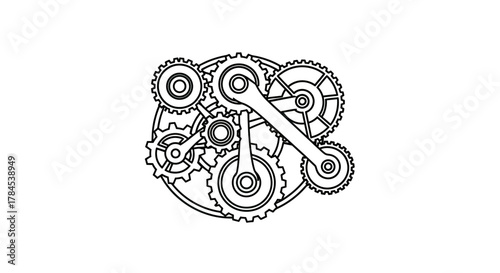 Complex mechanical assembly of gears and a wrench in a line art style on white background