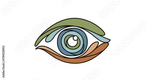 A stylized eye graphic with organic shapes and earth tones on a white background