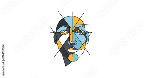 Abstract geometric portrait on white. A face composed of shapes, colors, lines, and angles