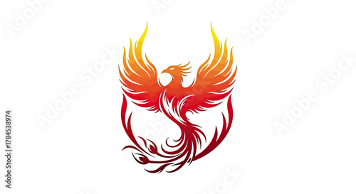 A stylized bird in shades of red, orange, and yellow, on a white background
