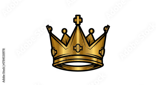 A gold crown with ornate details, a cross, and black outlines, set against a blank white backdrop