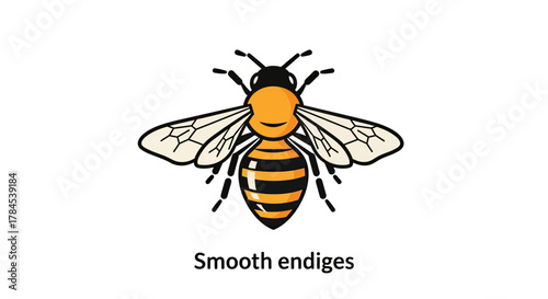 Illustration of a bee, yellow and black, with wings and antennae, on a white background