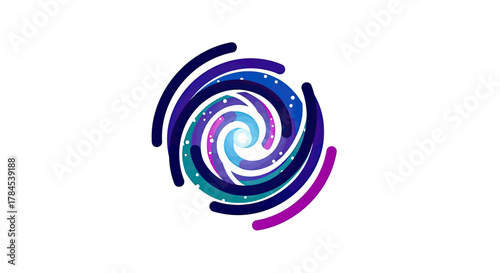 Abstract, spiraling shape with blue, purple, and white gradients, reminiscent of a galaxy