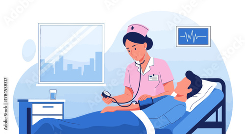A Nurse Performing Blood Pressure Check on a Patient in a Hospital Room Setting