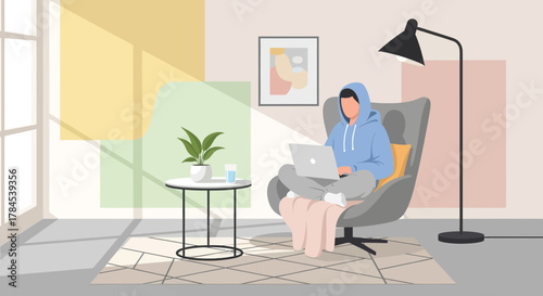 A Person Is Working On Their Laptop While Relaxing At Home In A Cozy Environment