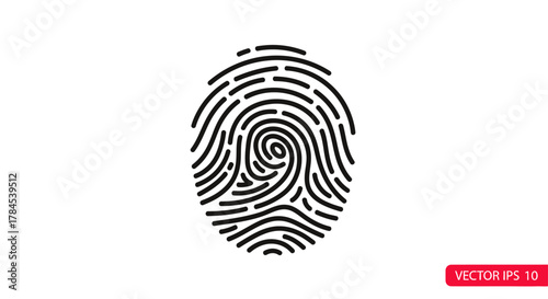 Black fingerprint illustration on white. Detailed curved lines show unique identity