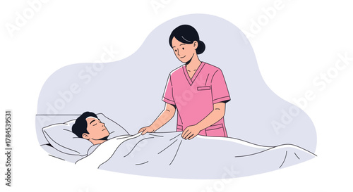 Caring Nurse At Bedside Assisting Patient Covering Him With A Blanket For Comfort