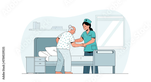 Caring Nurse Assists Elderly Patient in Hospital Room Helping and Guiding Health