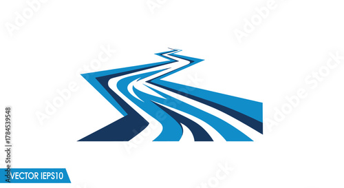A stylized blue river illustration on a white background, representing direction and flow