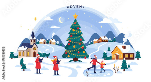 Charming Winter Advent Village Scene with Caroling Community and Ice Skaters Enjoying the Festive Holiday Spirit Around a Beautifully Decorated Christmas Tree