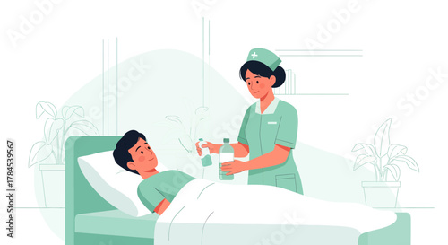 Caring Nurse Comforting Patient in Bed with Bottles, Focused Medical Attention