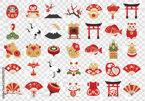 Traditional Japanese New Year Lucky Charm Vector Icon Set - Oshogatsu Celebration Collection