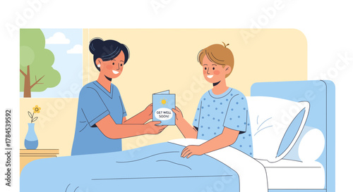 Caring Nurse Comforts Patient By Giving Get Well Soon Card In Hospital Room