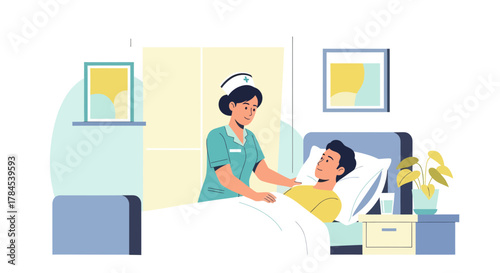 Caring Nurse Comforting Patient in Bright Hospital Room Offering Reassurance and Support