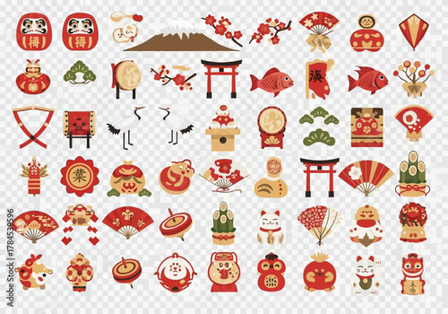 Traditional Japanese New Year Lucky Charm Vector Icon Set - Oshogatsu Celebration Collection