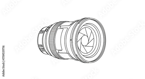 An isolated, graphic line drawing of a camera lens with a multi-blade aperture