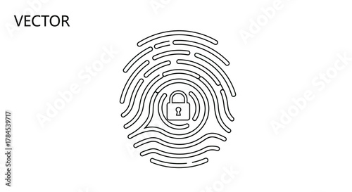 Black and white illustration of fingerprint with a padlock symbol inside, vector style