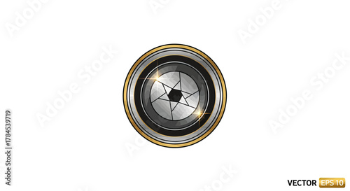 Isolated metallic lens illustration with golden rim, aperture blades, and light flares