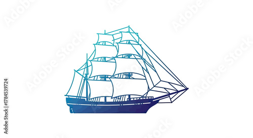 Blue and teal gradient illustration of a sailing ship with intricate lines on a white background