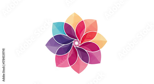 A vibrant, colorful, stylized flower composed of overlapping petals in a radial pattern on white