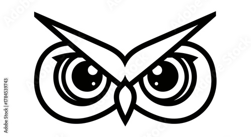 A stylized black and white illustration of an owl's intense, focused gaze