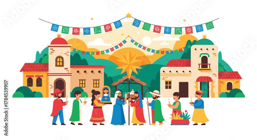 Colorful Nativity Scene Illustration with Traditional Buildings and Festive Decorations