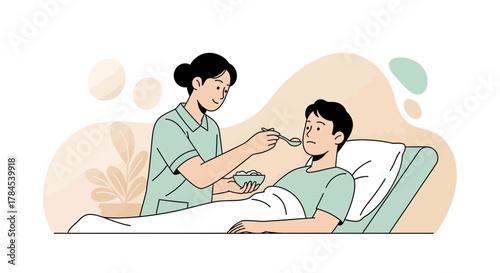 Compassionate Nurse Assisting Patient, Providing Nourishment During Recovery Phase