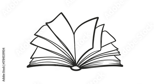 A minimalist black and white illustration of an open book with pages fanned out