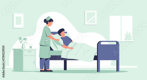 Compassionate Nurse Attending A Patient Lying In Hospital Bed For Healthcare