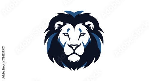 A stylized lion's head with a blue and black mane, centered on a white background
