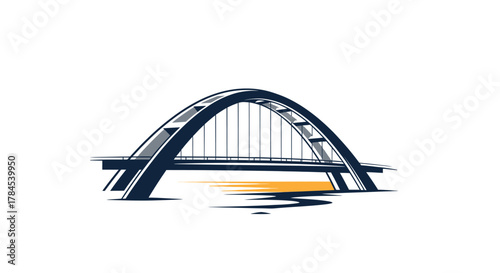 A stylized illustration of an arch bridge over water, depicted in shades of blue & yellow