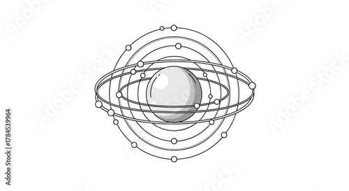 A black and white illustration of a sphere surrounded by orbiting rings and smaller spheres