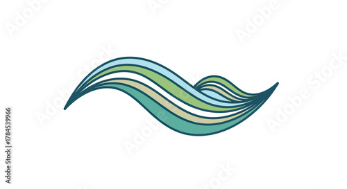 An abstract logo featuring layered, stylized waves in shades of blue, green, and beige
