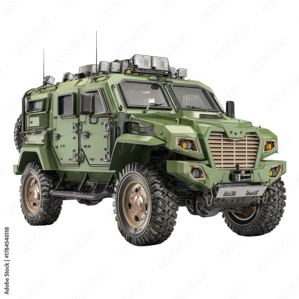 Fototapeta premium Heavy armored military vehicle in olive green with large tires and roof mounted lights