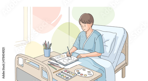 Creative Patient Patiently Coloring and Relaxing in Hospital Room Focusing on Art