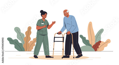 Elderly Care Illustration Depicting Patient Support and Assisted Walking with a Medical Worker