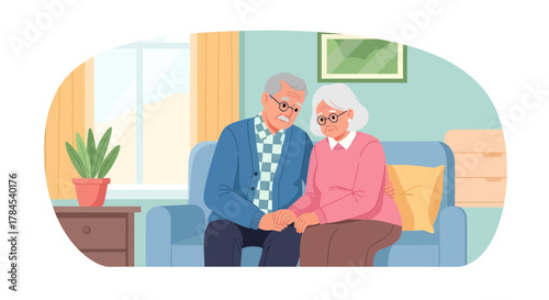 Elderly Couple Holds Hands on a Sofa in a Living Room, Seeking Comfort Together