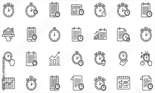 Modern vector line icons illustrating key concepts of time management, business productivity, project planning, scheduling, and deadline tracking for efficient workflow