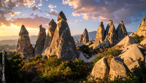 Dramatic landscape of Cappadocia with unique rock formations at sunset time